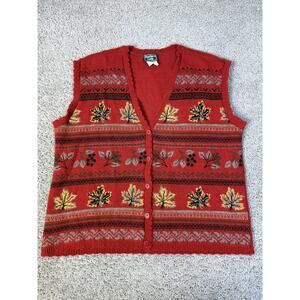 Vintage Southern Lady Sweater Vest Womens XL Red Leaf Fair Isle USA Autumn